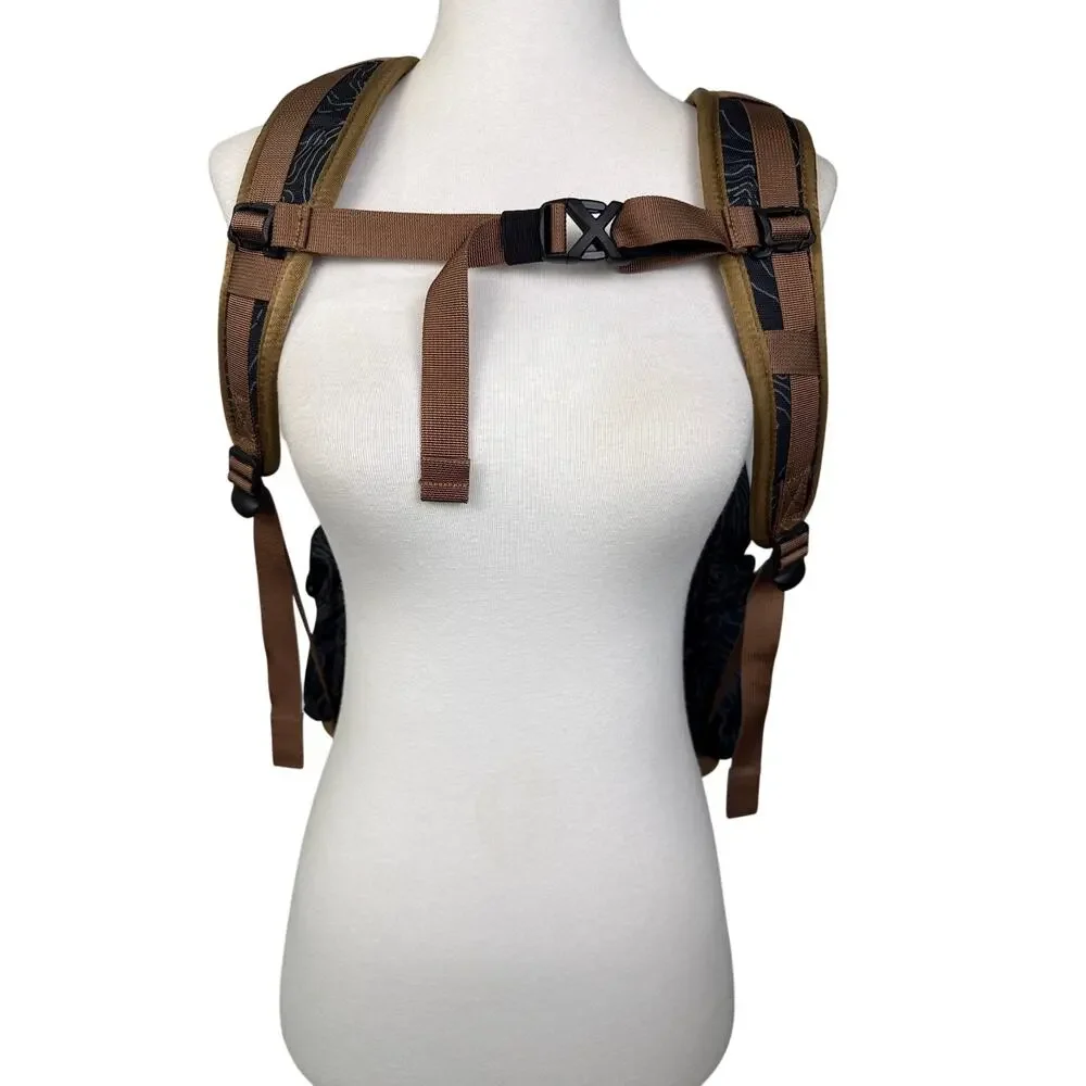 KAVU Camp Sherman Backpack Topo Print Black Gray Brown Hiking Travel Outdoor